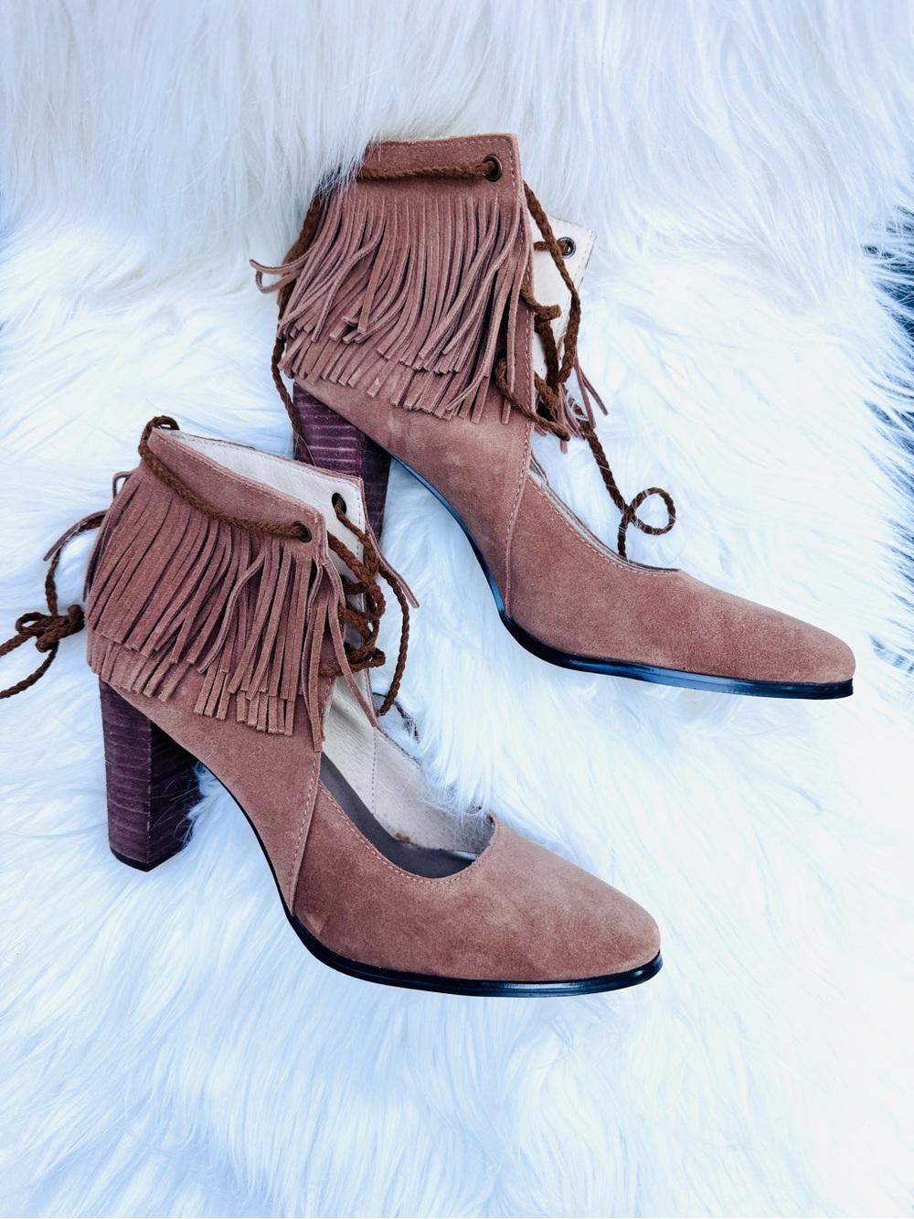 Joyfolie Tan Suede Fringe Lace-Up Heels